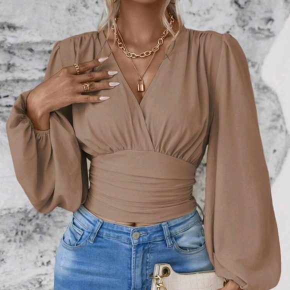 Clasi Ladies' Solid Color Simple V-Neck Long Sleeve Shirt For Daily Wear,L - Picture 1 of 7